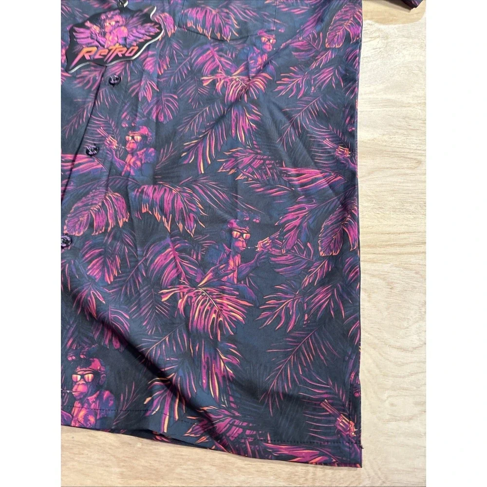 Retro Rifle Chill Chimp Button Up Shirt‎ Mens Large Black Purple Tropical Monkey